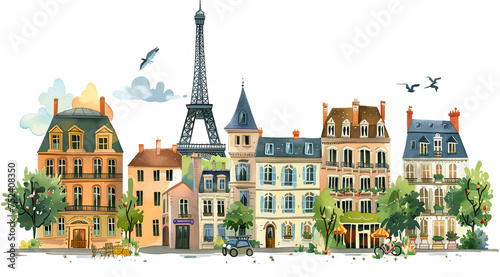living in France, old town city illustration in cartoon style
