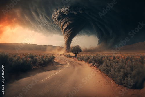 Massive apocalyptic tornado, cyclone on land with dusty road and huge clouds. 