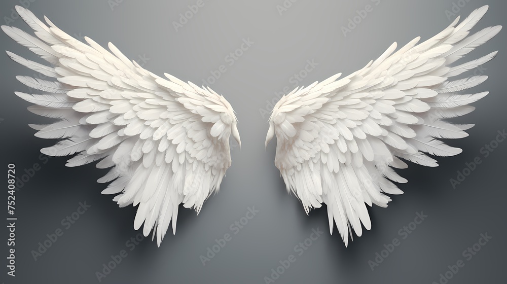 Realistic angel wings. White isolated pair of falcon wings, 3D bird wings design template. Vector concept white cute feathered wing animal on a transparent background - obrazy, fototapety, plakaty 