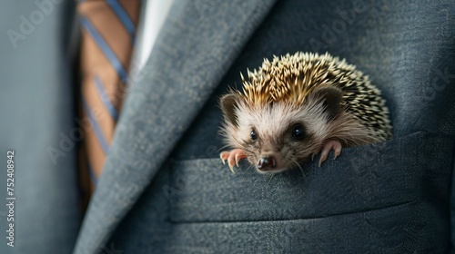 A stern faced man in a suit secretly hiding a tiny adorable hedgehog in his pocket during a meeting photo