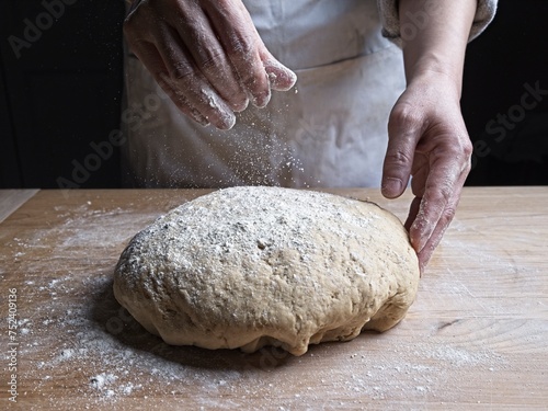 Spreading flour on ball of dough.