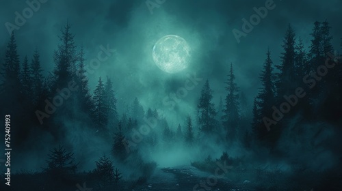 A dark forest, a full moon, a bright moonlight, smoke and shadows, and an abstract dark, cold streets background. At night.