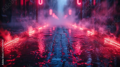An empty background scene. A reflection of the dark street on the wet pavement. Rays of neon light in the dark. Figures and smoke. Night view of the street, the city. Abstract dark background.