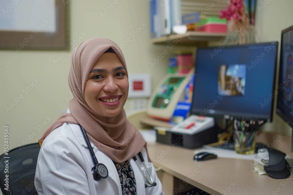 A professional Muslim female doctor wearing a hijab radiates positivity as she consults with patients in her bright clinic office, Generative AI
