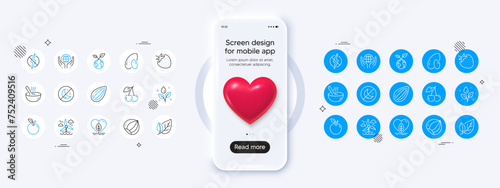 Phone mockup with 3d heart icon. Strawberry, Cherry and Leaf line icons. Pack of Plants watering, Windmill, Save planet icon. Hazelnut, Organic tested, Apple pictogram. Vector