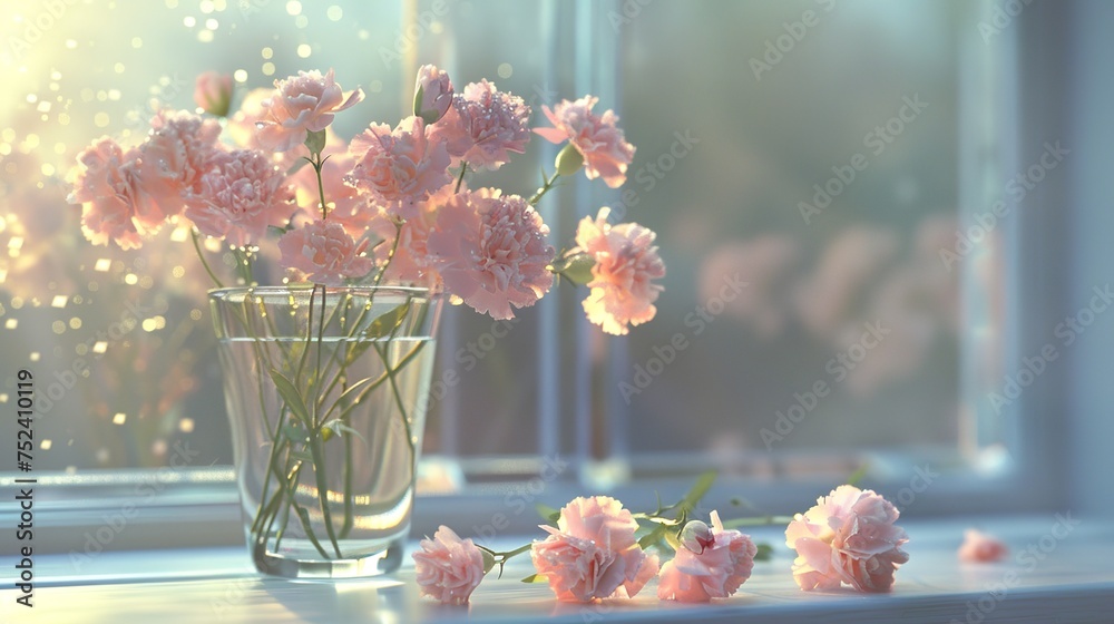 Glassvase decorated with light-colored carnations on the windowsill - obrazy, fototapety, plakaty 