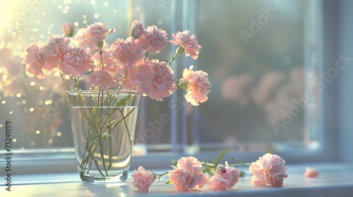 Glassvase decorated with light-colored carnations on the windowsill