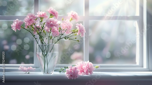 Glassvase decorated with light-colored carnations on the windowsill photo
