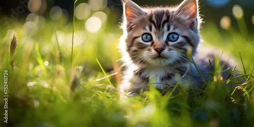 Cute Kitten Kittens cat in grass, Cats Frolicking on Grass, Little tabby kittens on green grass, Kitten running and rolling on grass, Generative AI © shabnam
