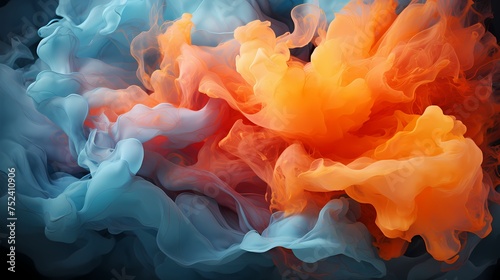 Icy blue and fiery orange liquids collide in a spectacular display, creating an explosion of energy that fills the air with dynamic abstract patterns. HD camera captures the intense 