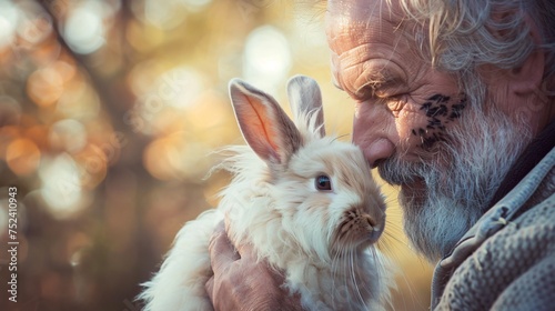 An imposing man with a scarred face gently brushing and caring for a fluffy angora rabbit photo
