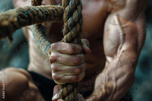 Close-up of the hands gripping the battle rope, conveying power and resilience