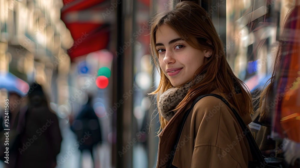 Urban portrait of a young woman smiling on a city street. casual style, blurry background, lifestyle concept. authentic city life captured in a moment. AI