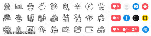 Vip star, Clipboard and Bid offer line icons pack. Social media icons. Inspect, Change money, Buying currency web icon. Fraud, Money profit, Vip award pictogram. Vector photo