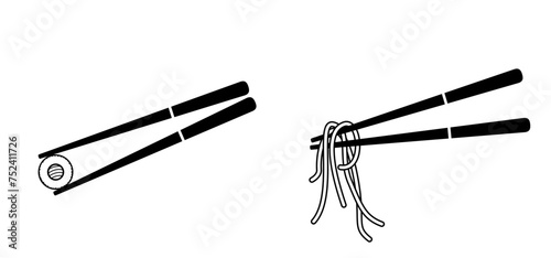 Cartoon bowl and eating chopsticks or Chinese chopsticks. In Chinese, chopsticks means kuizi. Food, sushi, noodles. Thai, Japanese or Asian cuisine. Restaurant tools. Kitchenware icon.
