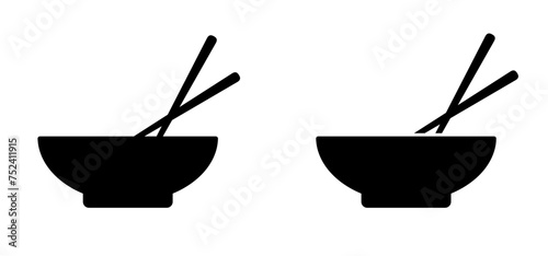 Cartoon bowl and eating chopsticks or Chinese chopsticks. In Chinese, chopsticks means kuizi. Food, sushi, noodles. Thai, Japanese or Asian cuisine. Restaurant tools. Kitchenware icon. photo
