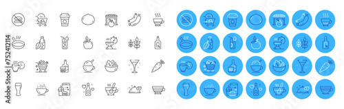 Food order, Cocktail and Frying pan line icons pack. Alcohol free, Coffee cup, Whiskey glass web icon. Market, Romantic dinner, Ice cream pictogram. Salad, Coffee break, Cappuccino. Vector