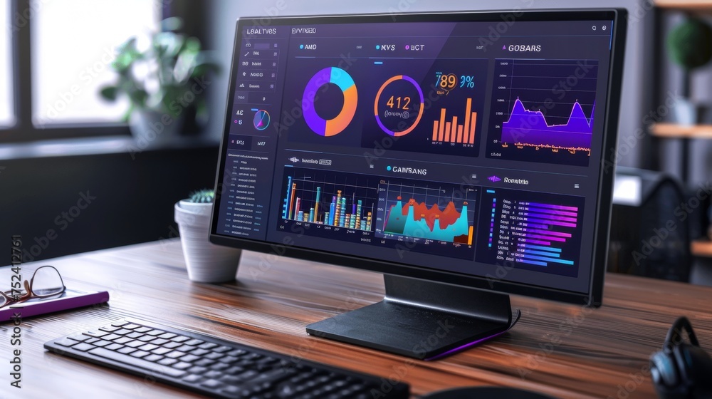 Computer dashboard with business and finance setting on detailed reporting Computer dashboard with business and finance setting on detailed reporting