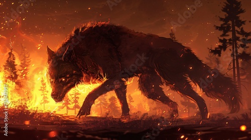 Chimera roaring fire at the edge of a dark forest shadows dancing
