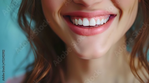 Close-up of a woman's radiant smile with white teeth and soft-focus background. capturing joy and positivity in portraiture. AI © Irina Ukrainets