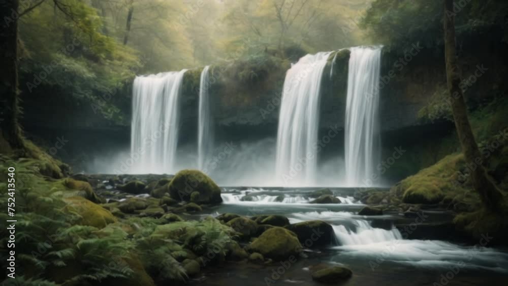 A stunning video of waterfalls in a serene forest, creating a mystical, fantasy, fairy tale, and magical atmosphere. suitable for themes such as nature, beauty, adventure, and wonder. A stunning video of waterfalls in a serene forest, creating a mystical, fantasy, fairy tale, and magical atmosphere. suitable for themes such as nature, beauty, adventure, and wonder.