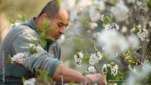 Gardener tending to blooming fruit trees in spring. close-up shot with focus on nature. serene outdoor work scene. AI © Irina Ukrainets
