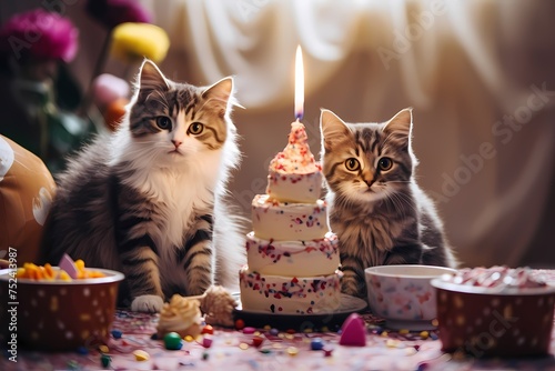 Cat celebrating his birthday with piece of cake and party hat, funny cat wearing festive hat, Happy birthday concept pets, cute cat portrait photo