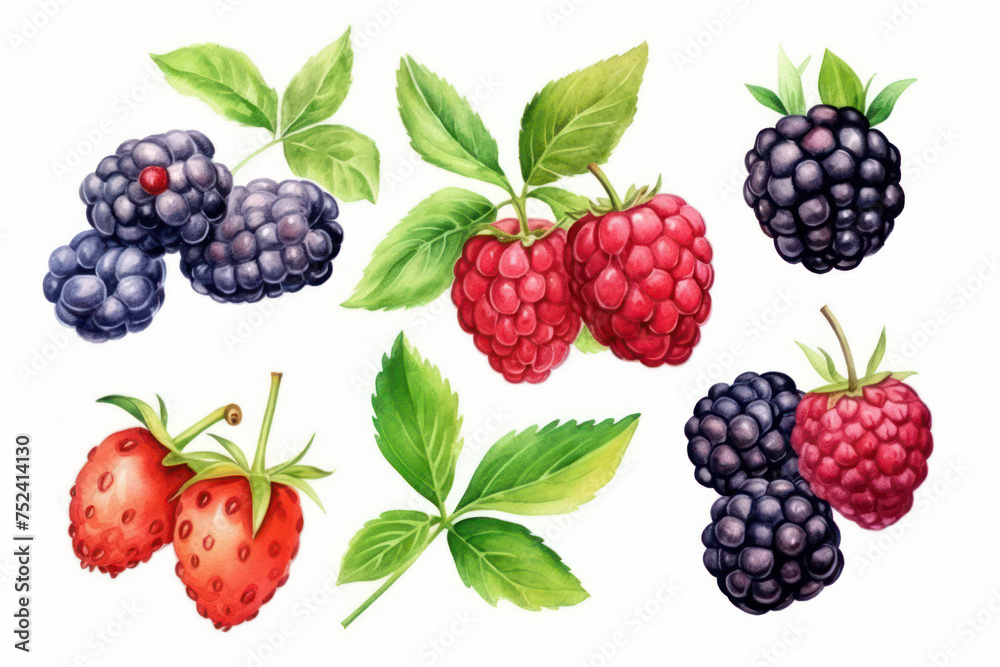 Summertime Delights: A Juicy Collection of Fresh, Ripe, and Organic Red Berries on a Green Leaf Background Summertime Delights: A Juicy Collection of Fresh, Ripe, and Organic Red Berries on a Green Leaf Background