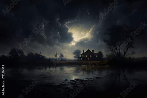 A dark night landscape with a cottage in the distance and a lake. Moonlight breaks through