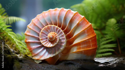 Nautilus shell on the seabed. Green seaweed all around