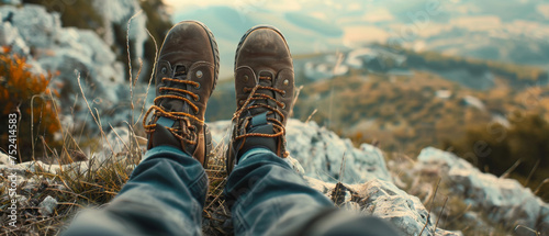 Hiker's boots rest on a rocky outcrop, offering a view of the valley beyond.