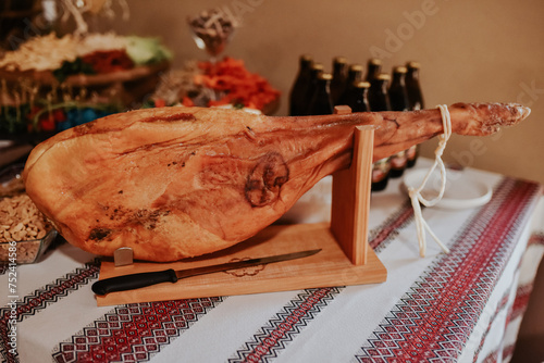 Spanish ham, Jamon Serrano, Bellota Italian.Prosciutto Crudo or Parma ham, whole leg. photo