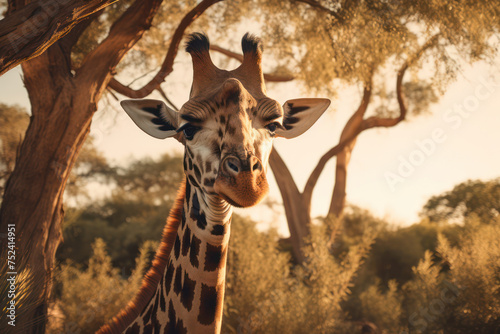 Graceful Giraffe with Majestic Neck  Captivating Eyes  and Striking Spots in African Savannah