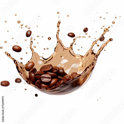 coffee beans and coffee water pouring down isolated on white background cutout.