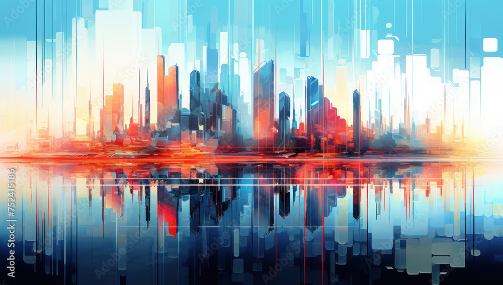 Silhouette of a Modern Cityscape: An Abstract Urban Landscape Collage with Skyscrapers and Water Reflections