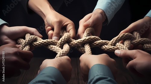 Collective Effort Integration and Unity with teamwork concept as a business metaphor for joining a partnership synergy and cohesion as diverse ropes connected.