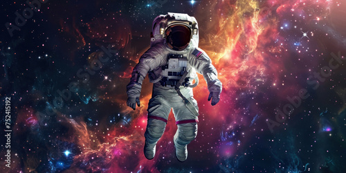 an astronaut in a spacesuit in outer space against star clusters  concept for Cosmonautics Day  astronomy  banner