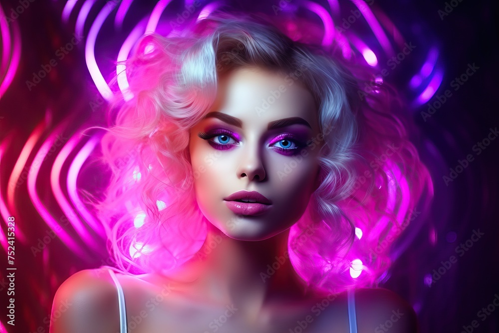 Portrait of Beautiful Young Woman in Neon Purple Glow