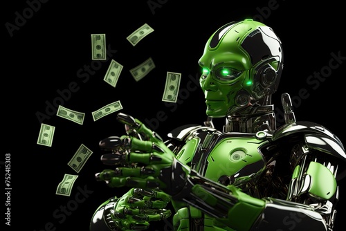 Rich Robot Throwing Dollar Bills on Black Background