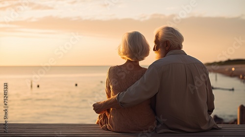 Elderly Couple Admiring Sunset by the Sea