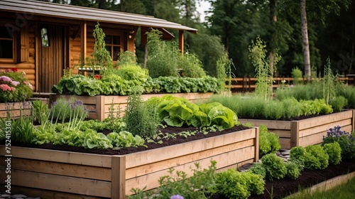 Wooden Garden Boxes with Soil and Vegetables