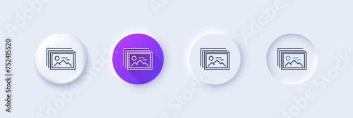 Image gallery line icon. Neumorphic, Purple gradient, 3d pin buttons. Photo thumbnail sign. Album picture placeholder symbol. Line icons. Neumorphic buttons with outline signs. Vector