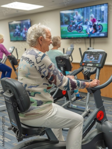 Elderly Woman Exercising on Stationary Bike in Gym. An elderly woman focuses intently while working out on a stationary bike in a well-equipped gym, monitoring her progress.