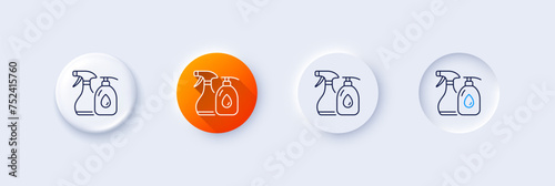Cleaning liquids line icon. Neumorphic, Orange gradient, 3d pin buttons. Antiseptic spray sign. Washing symbol. Line icons. Neumorphic buttons with outline signs. Vector
