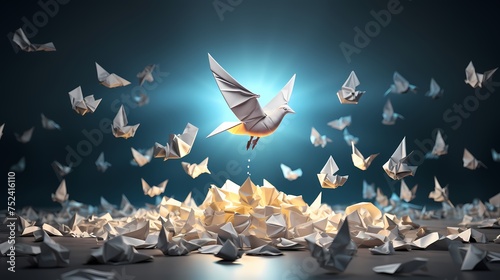 Concept of new idea and creative thinking as a symbol of innovation and inspiration metaphor as a group of crumpled papers with one different paper transforming into an origami bird in flight. photo