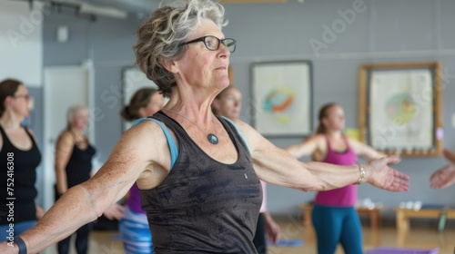 Senior Woman Enjoying Yoga Class with Group , old person exercising at gym.