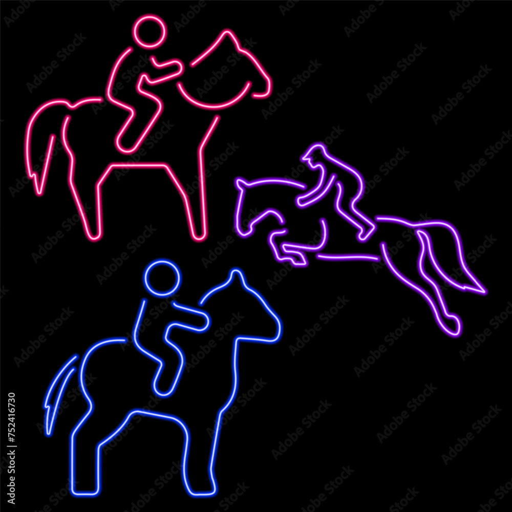 horseback riding group of neon icons, vector illustration on black background.
