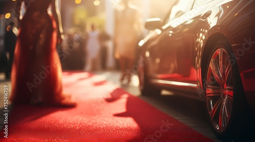 Couple arriving with limousine walking red carpet, a driver is opening the car door photo
