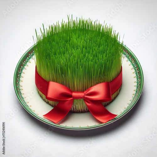 congratulations on Nowruz with a fresh and festive green herb sprout on a plate tied with a red ribbon photo