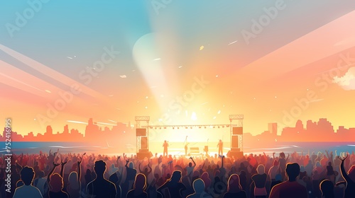crowd at concert, summer music festival. Blurred people having beach party in summer vacation. wide banner.